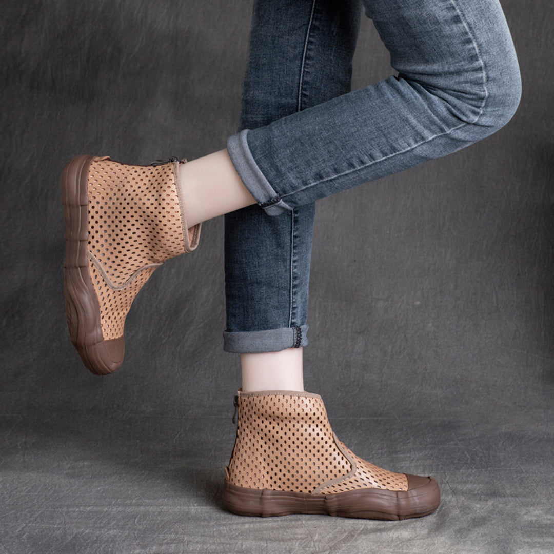 Cowhide Hollow-Out Martin Boots Single Sandals With Zippers