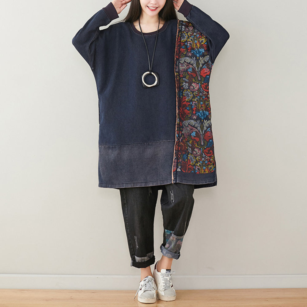 Crew Neck Spliced Printed Mid-length Dress