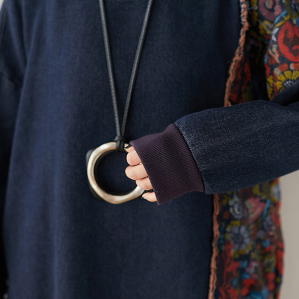 Crew Neck Spliced Printed Mid-length Dress