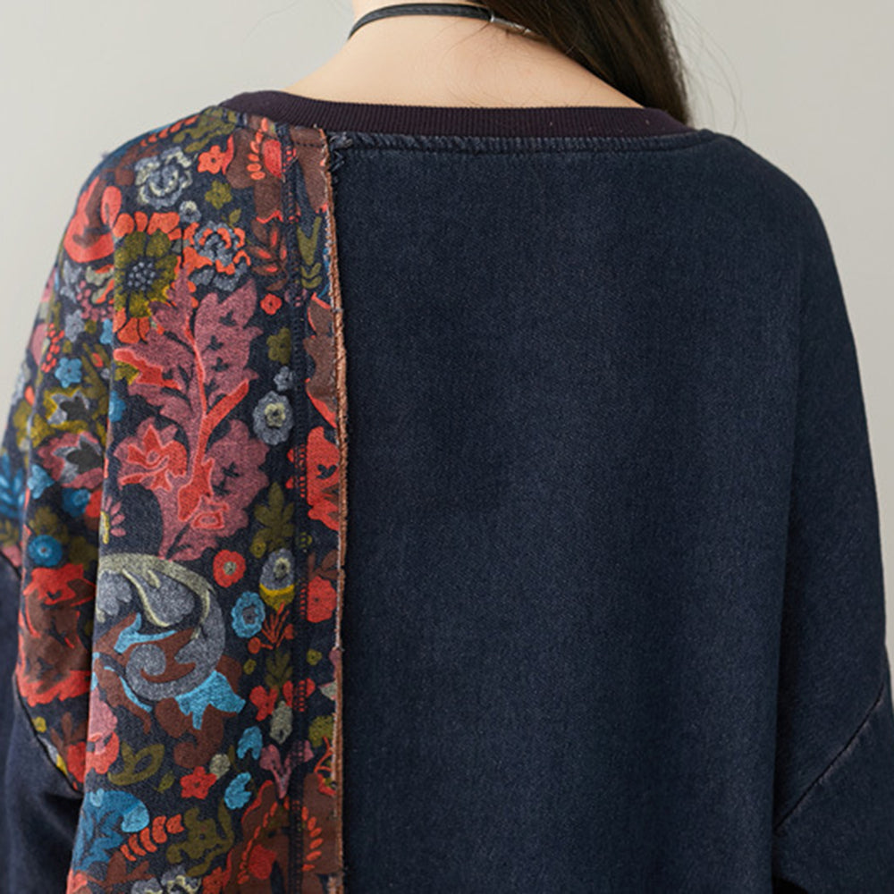 Crew Neck Spliced Printed Mid-length Dress