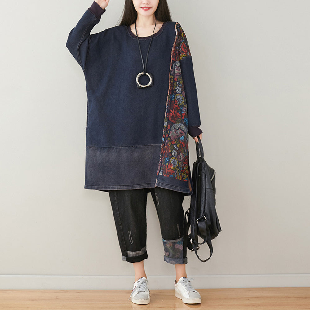 Crew Neck Spliced Printed Mid-length Dress
