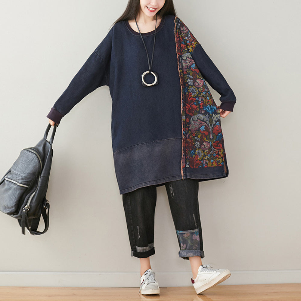 Crew Neck Spliced Printed Mid-length Dress