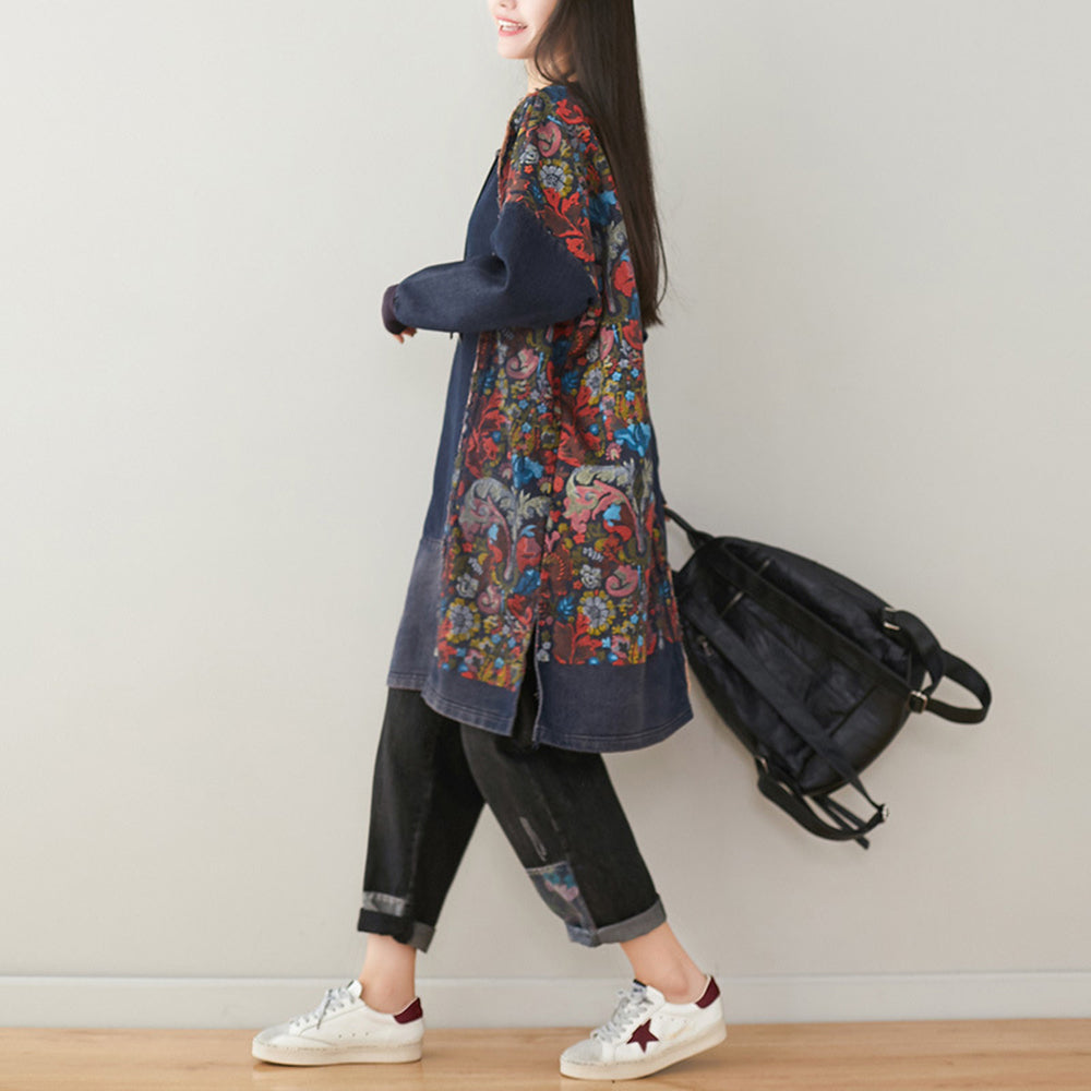 Crew Neck Spliced Printed Mid-length Dress