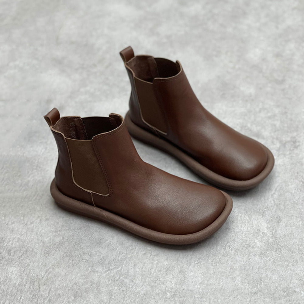 Elastic Leather Flat Chelsea Boots for Women