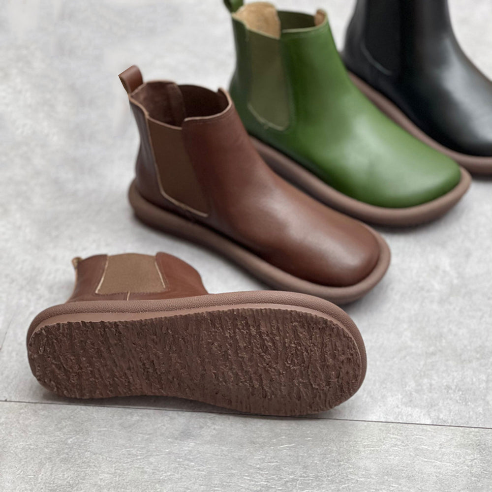 Elastic Leather Flat Chelsea Boots for Women