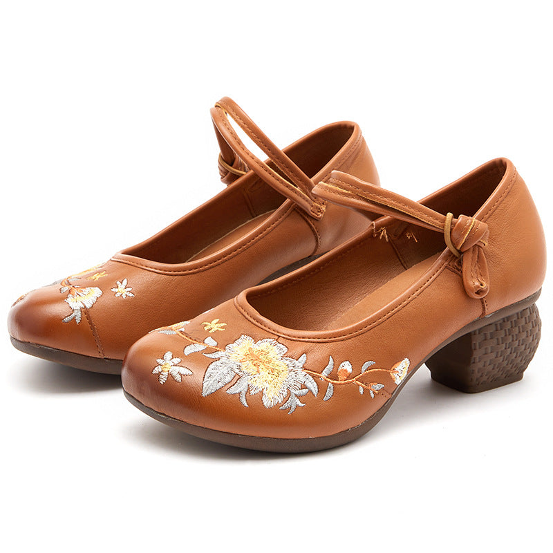 Embroidery Ethnic Style Chunky Heels Shoes