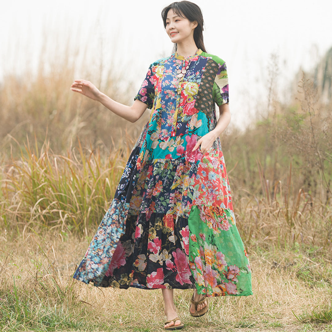 Ethnic Paneled Floral Dress - Luckyback