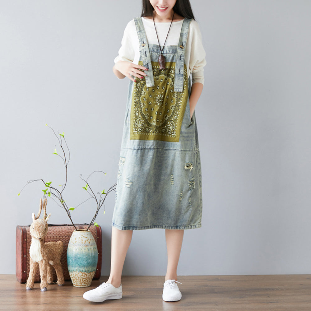 Ethnic Patch Pinafore Denim Dress