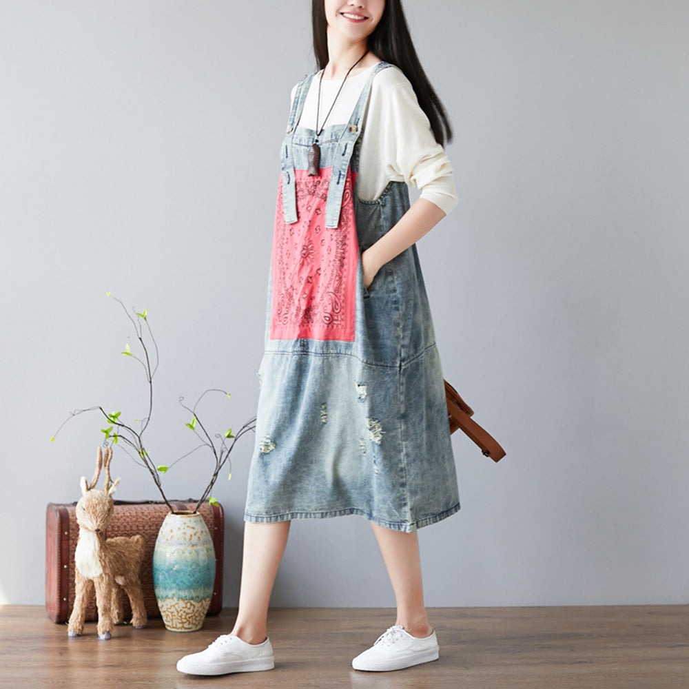 Ethnic Patch Pinafore Denim Dress