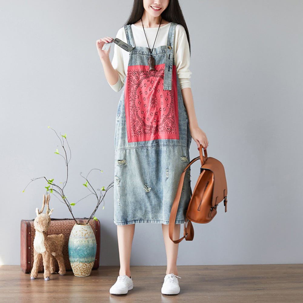 Ethnic Patch Pinafore Denim Dress | RetroSia, Retro Loose Fit Dress Retrosia Ethnic Patch Pinafore Denim Dress | RetroSia, Retro Loose Fit Dress Retrosia