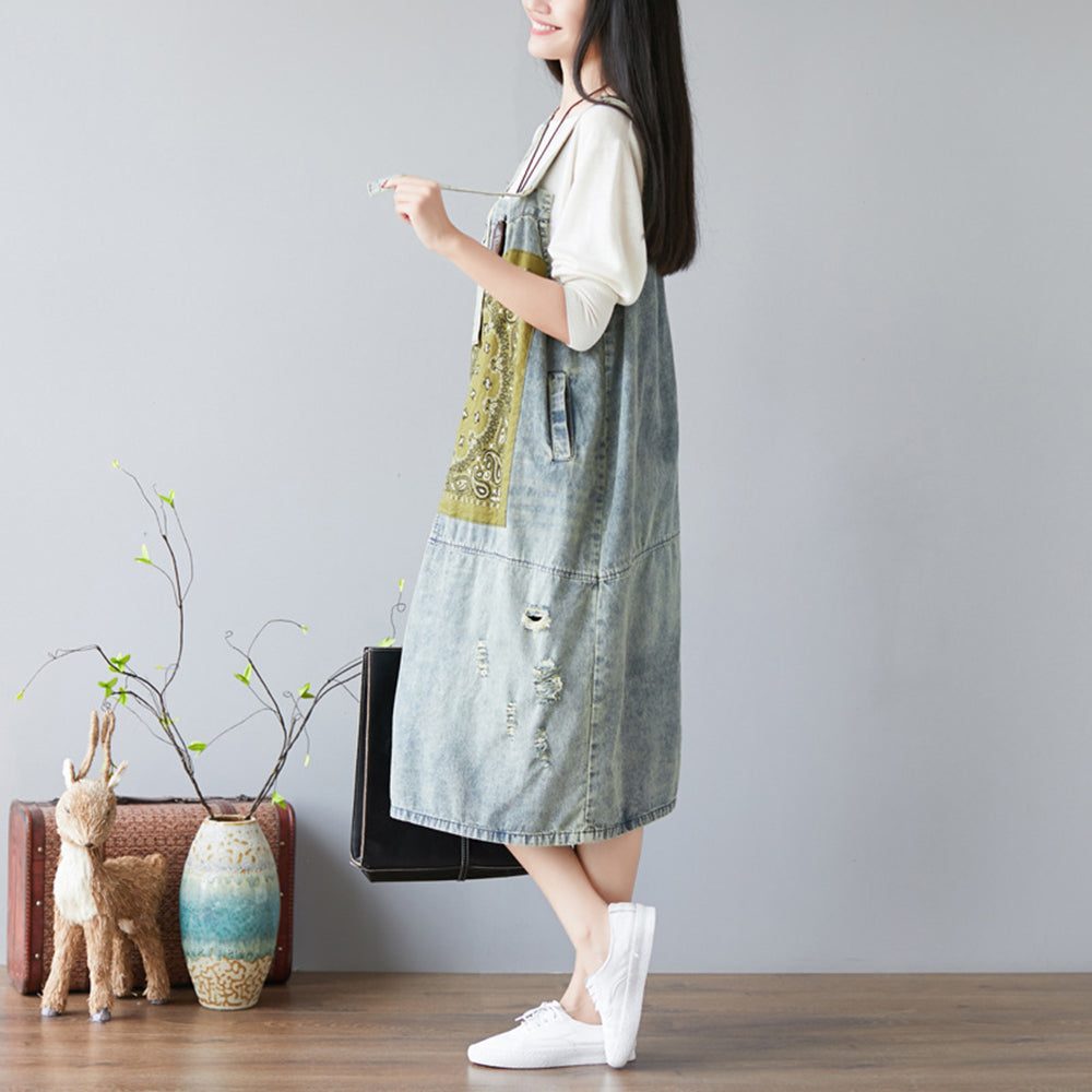 Ethnic Patch Pinafore Denim Dress