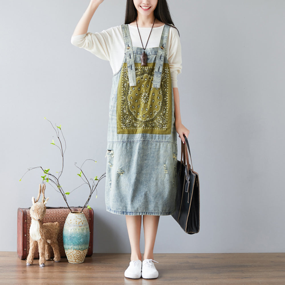 Ethnic Patch Pinafore Denim Dress