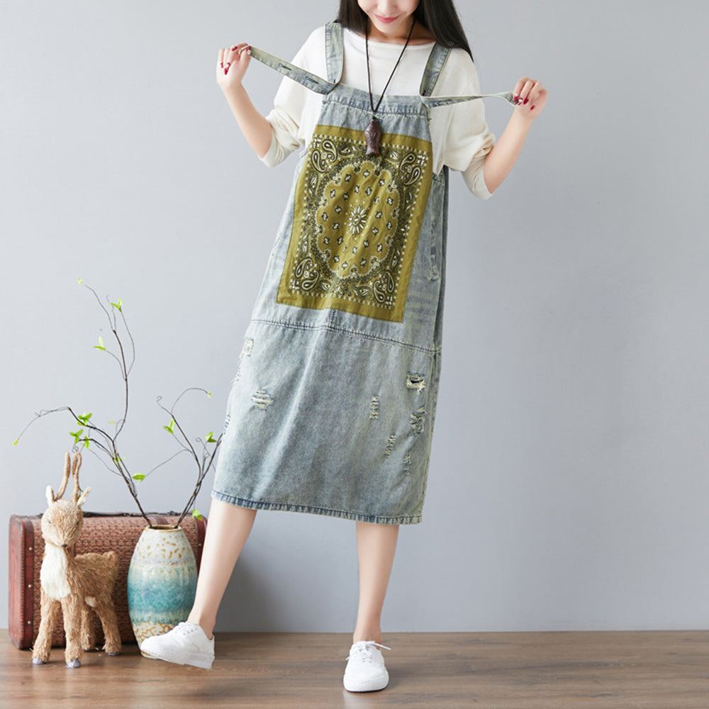 Ethnic Patch Pinafore Denim Dress