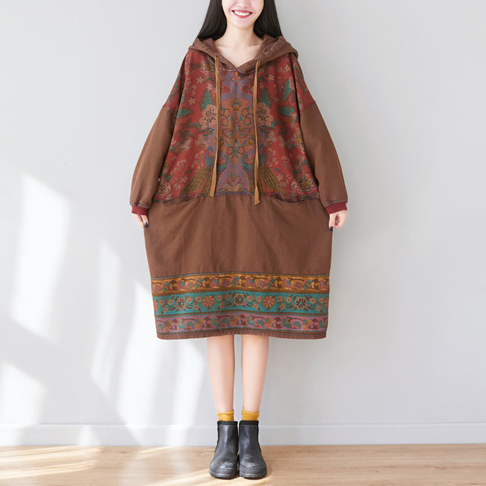 Ethnic Style Printed Stitched Hooded Dress