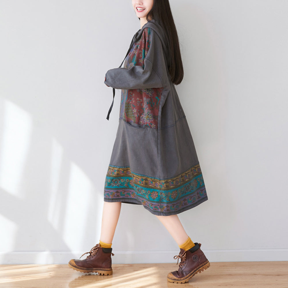 Ethnic Style Printed Stitched Hooded Dress