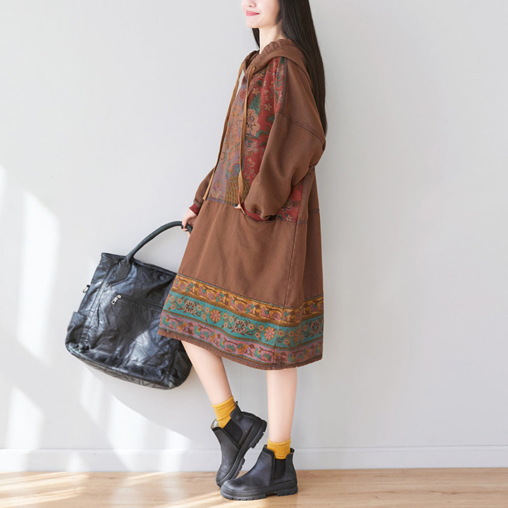 Ethnic Style Printed Stitched Hooded Dress