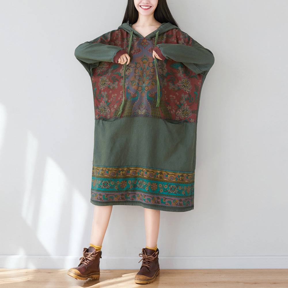 Ethnic Style Printed Stitched Hooded Dress