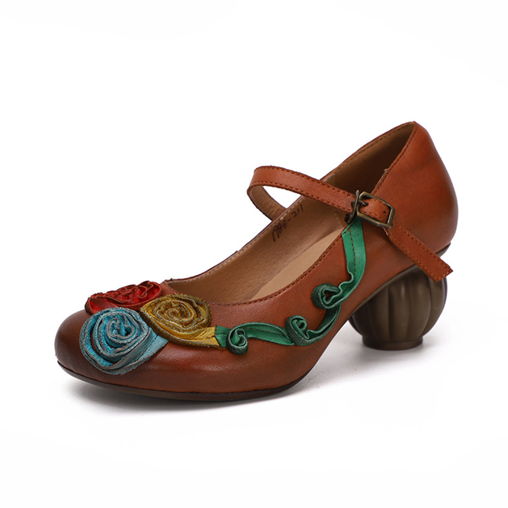 Floral Appliqued Round-Heel Leather Pumps