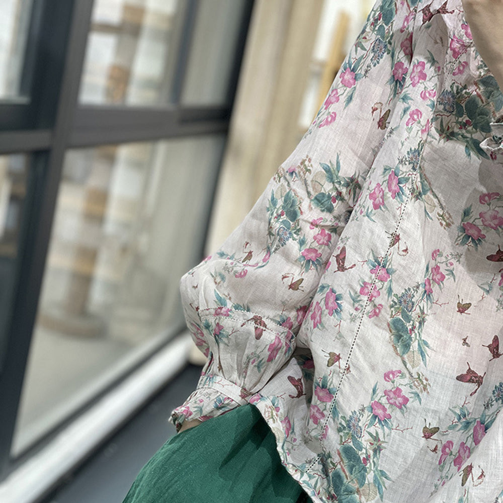Floral Linen Ruffled Sleeve Blouse
