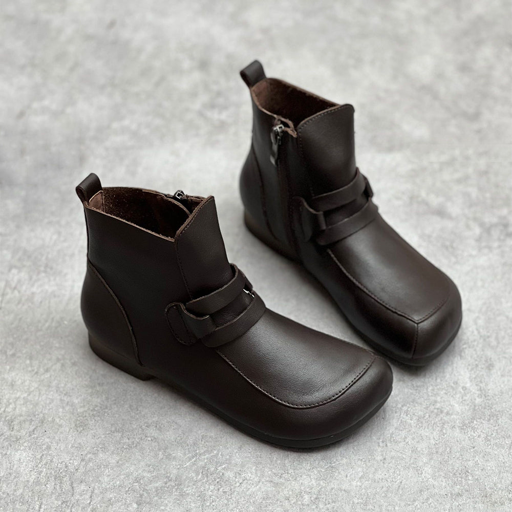 Handmade Square Toe Retro Side Zipper Short Boots