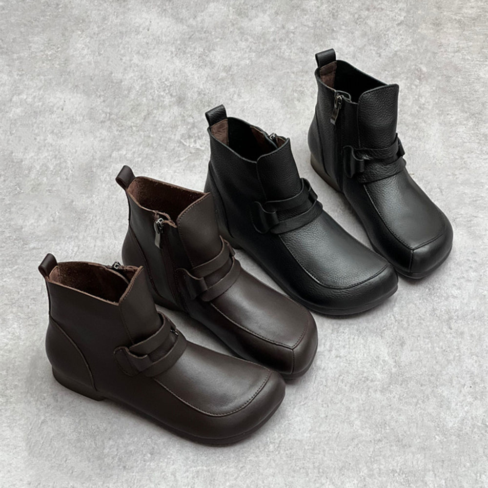 Handmade Square Toe Retro Side Zipper Short Boots