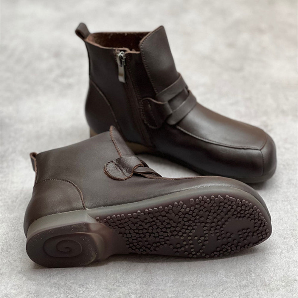 Handmade Square Toe Retro Side Zipper Short Boots