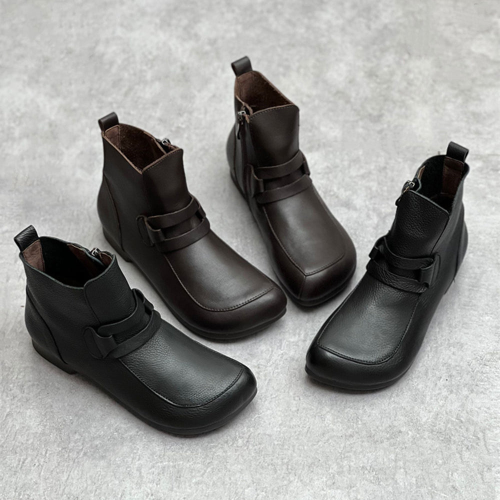 Handmade Square Toe Retro Side Zipper Short Boots
