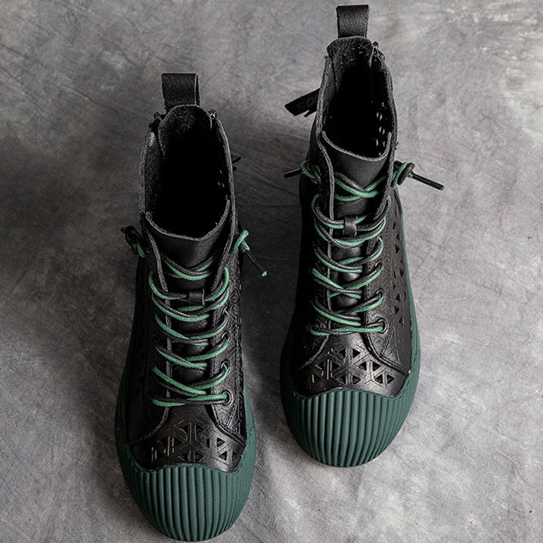 Hollow Out Lace Up Leather Boots - Luckyback