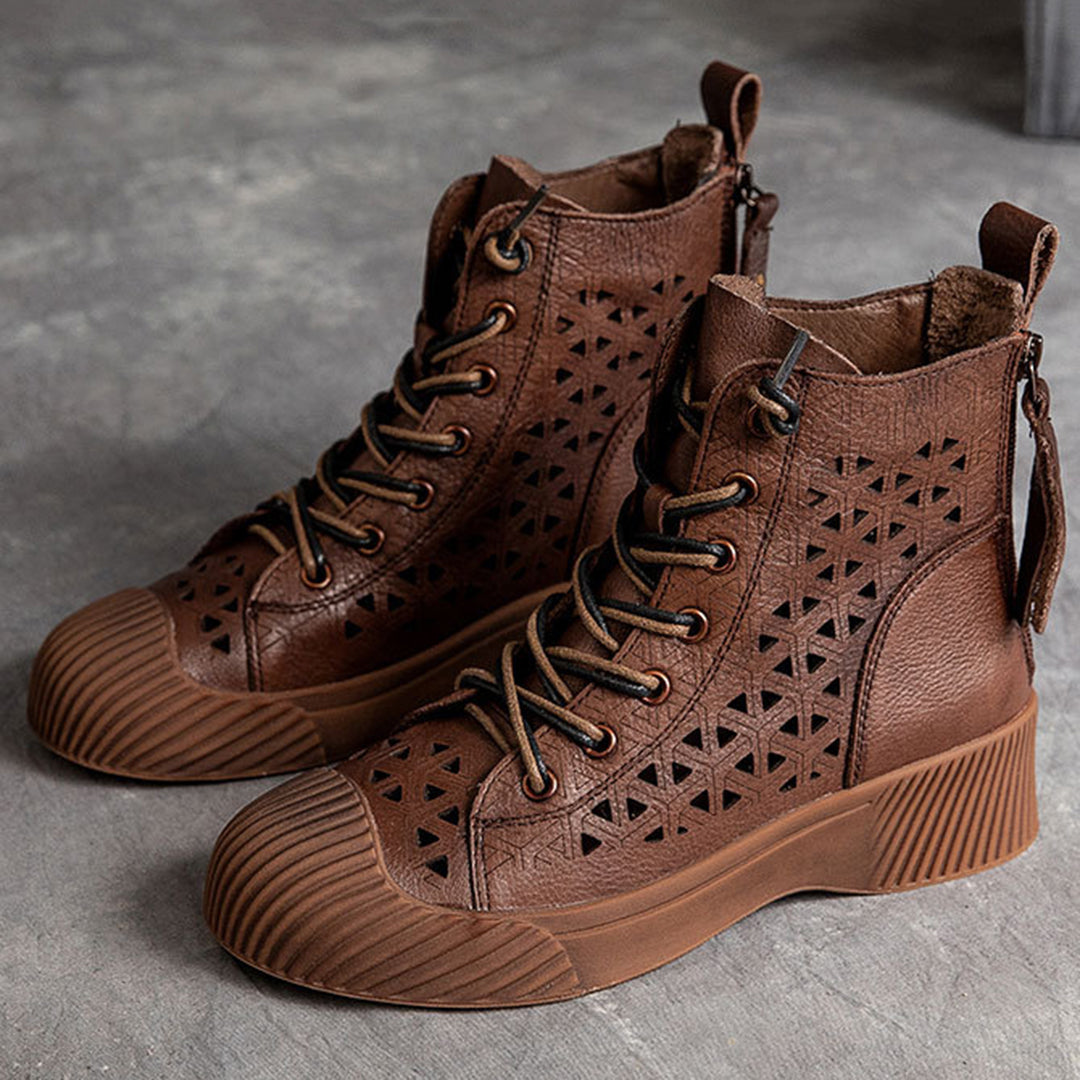 Hollow Out Lace Up Leather Boots - Luckyback