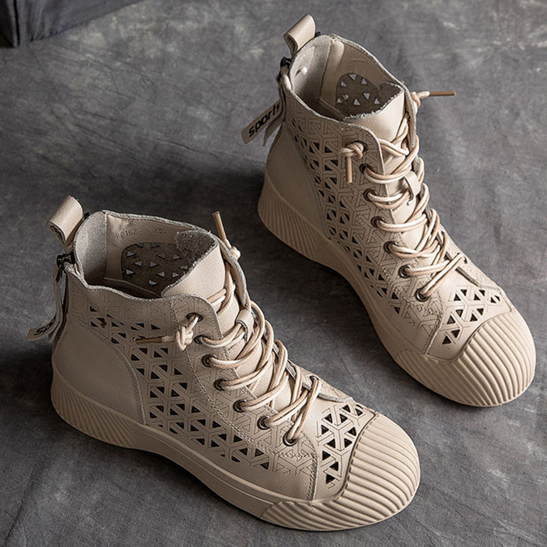 Hollow Out Lace Up Leather Boots - Luckyback