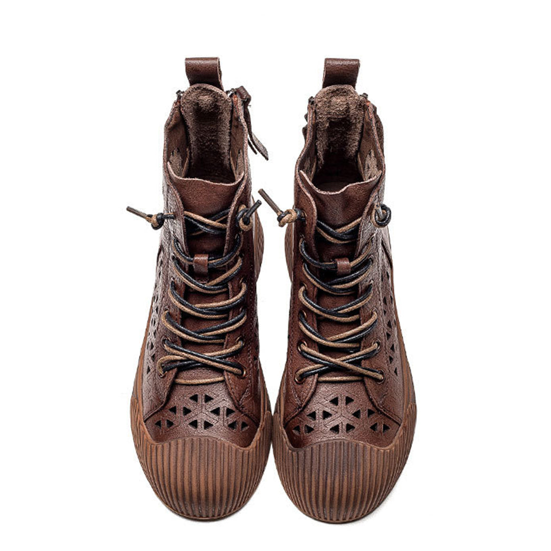 Hollow Out Lace Up Leather Boots - Luckyback