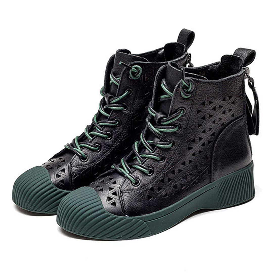 Hollow Out Lace Up Leather Boots - Luckyback