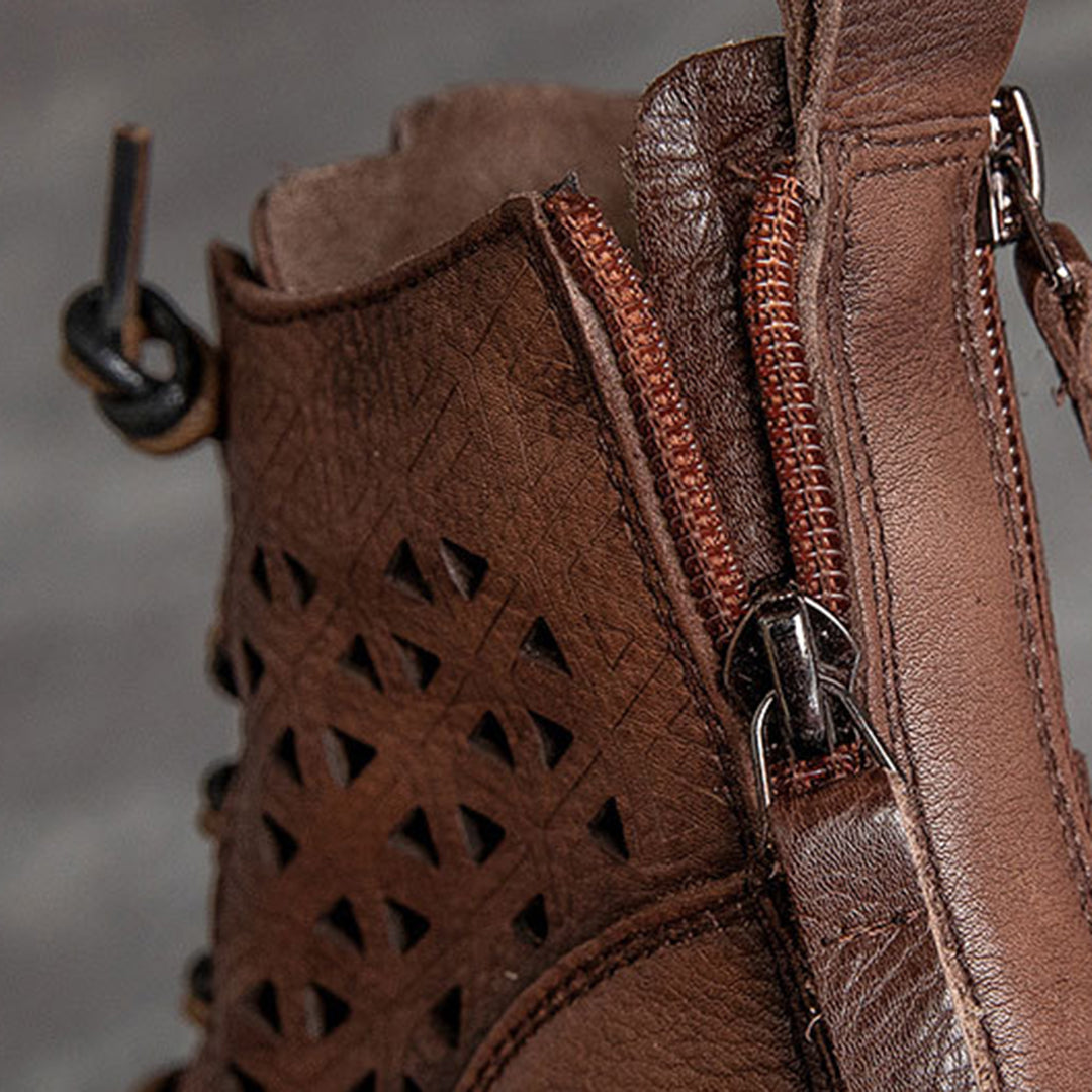 Hollow Out Lace Up Leather Boots - Luckyback