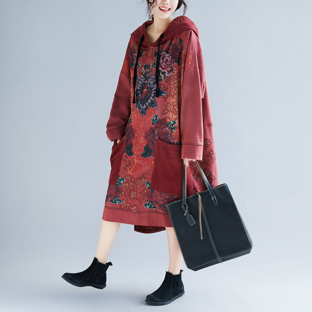 Hooded Ethnic Style Retro Distressed Dress