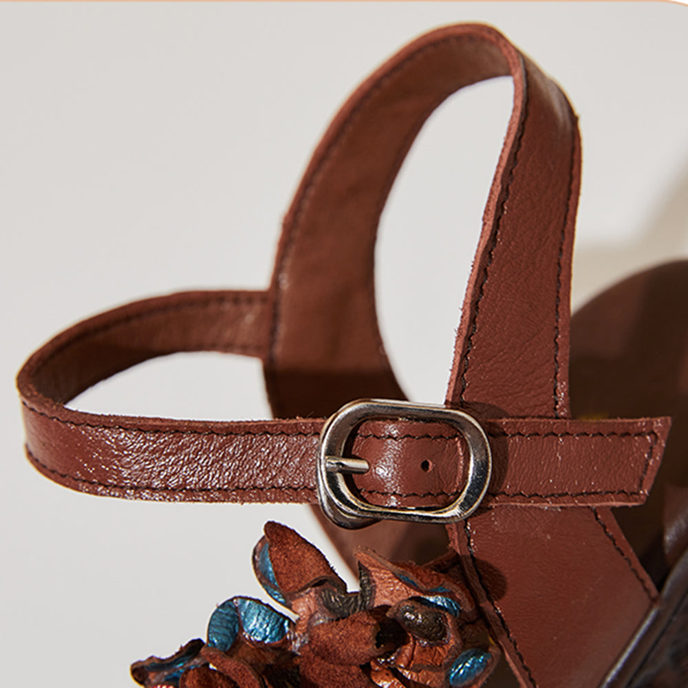 Leather High Heels Flower Platform Wedge Sandals