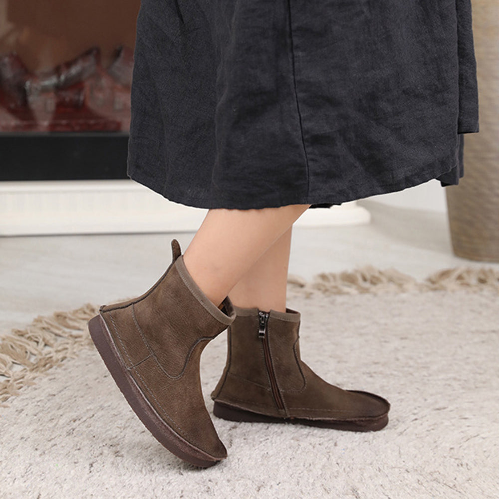 Leather Round Toe Stitching Side Zipper Retro Women Boots