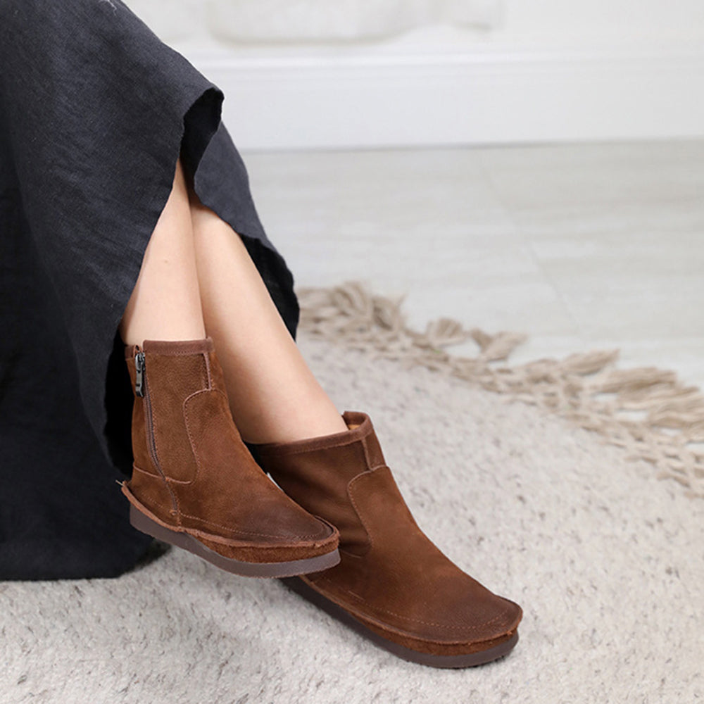 Leather Round Toe Stitching Side Zipper Retro Women Boots