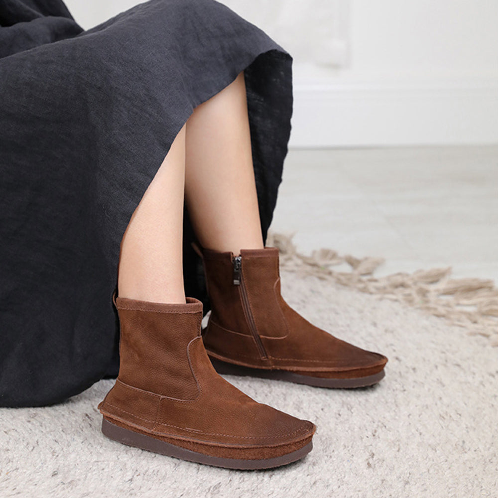 Leather Round Toe Stitching Side Zipper Retro Women Boots