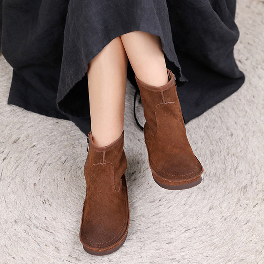 Leather Round Toe Stitching Side Zipper Retro Women Boots