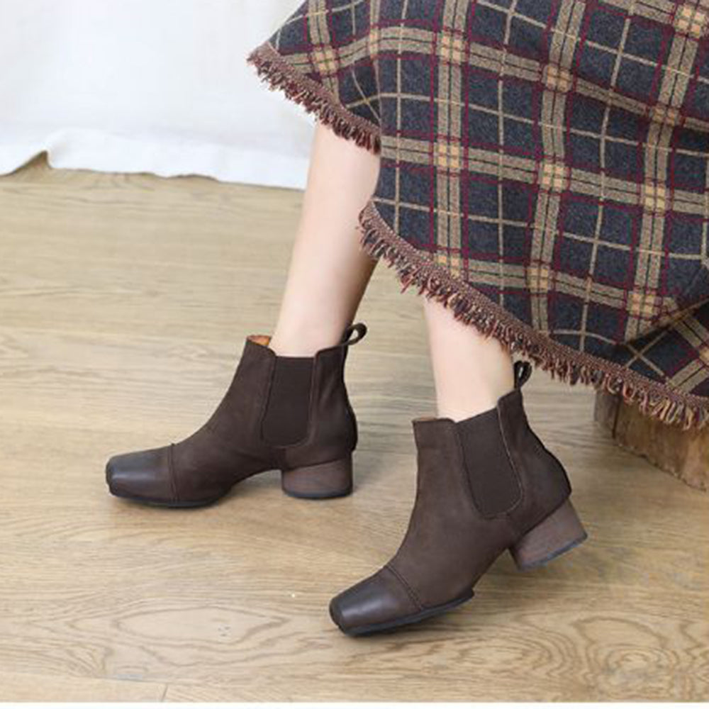 Leather Square Toe Mid-heeled Chelsea Retro Boots