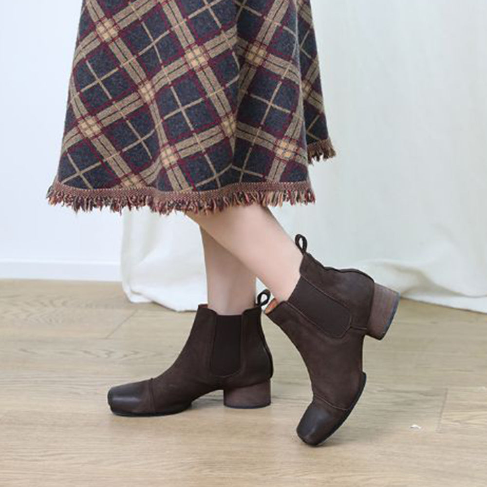 Leather Square Toe Mid-heeled Chelsea Retro Boots