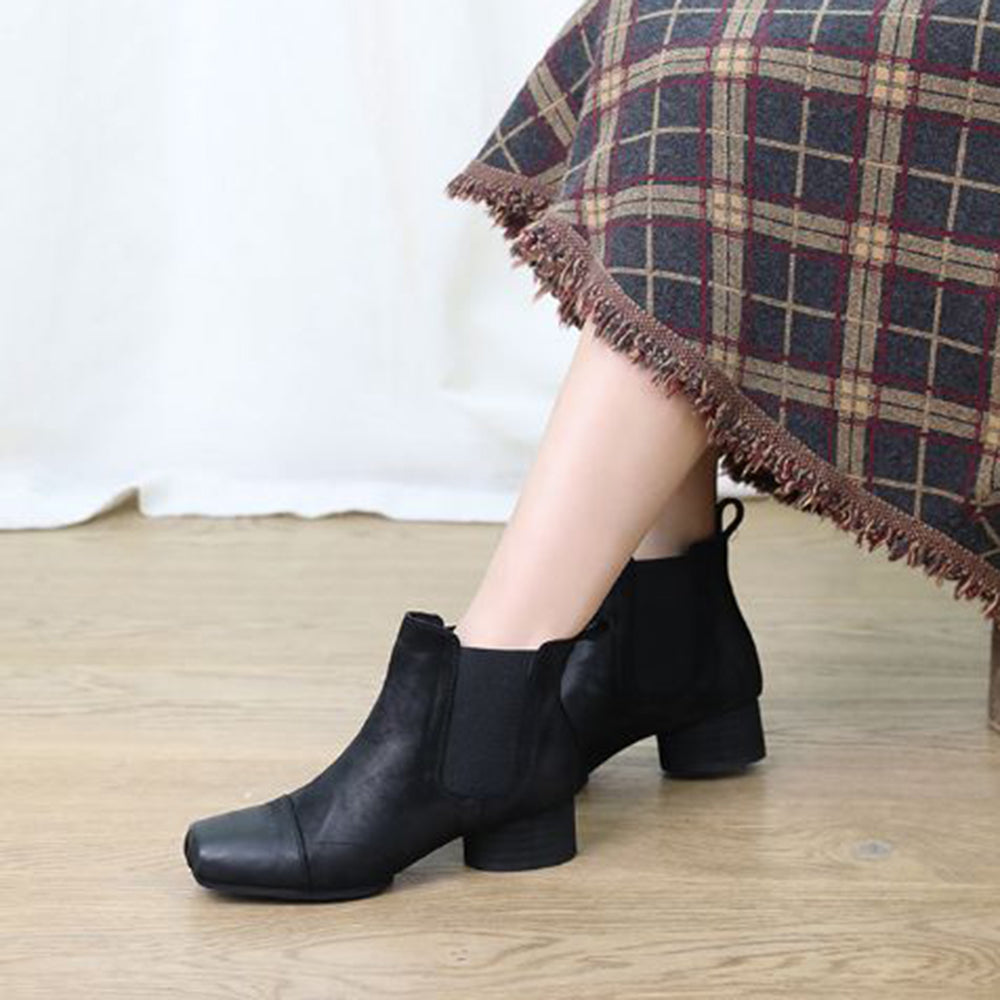 Leather Square Toe Mid-heeled Chelsea Retro Boots