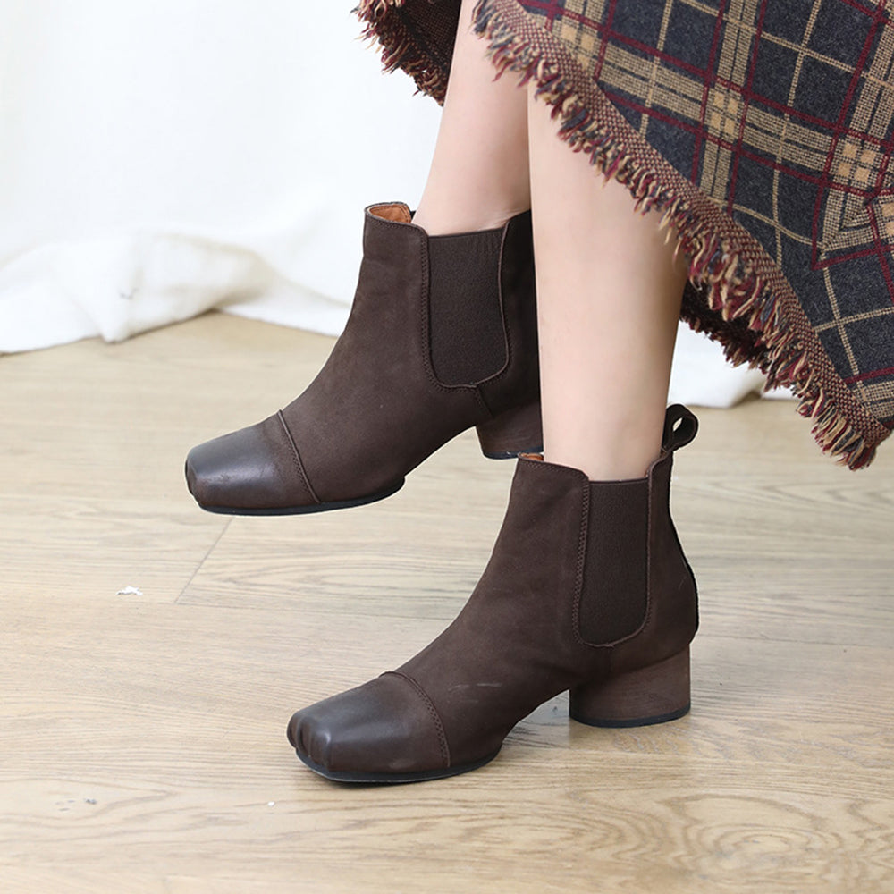 Leather Square Toe Mid-heeled Chelsea Retro Boots