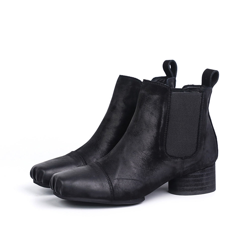 Leather Square Toe Mid-heeled Chelsea Retro Boots