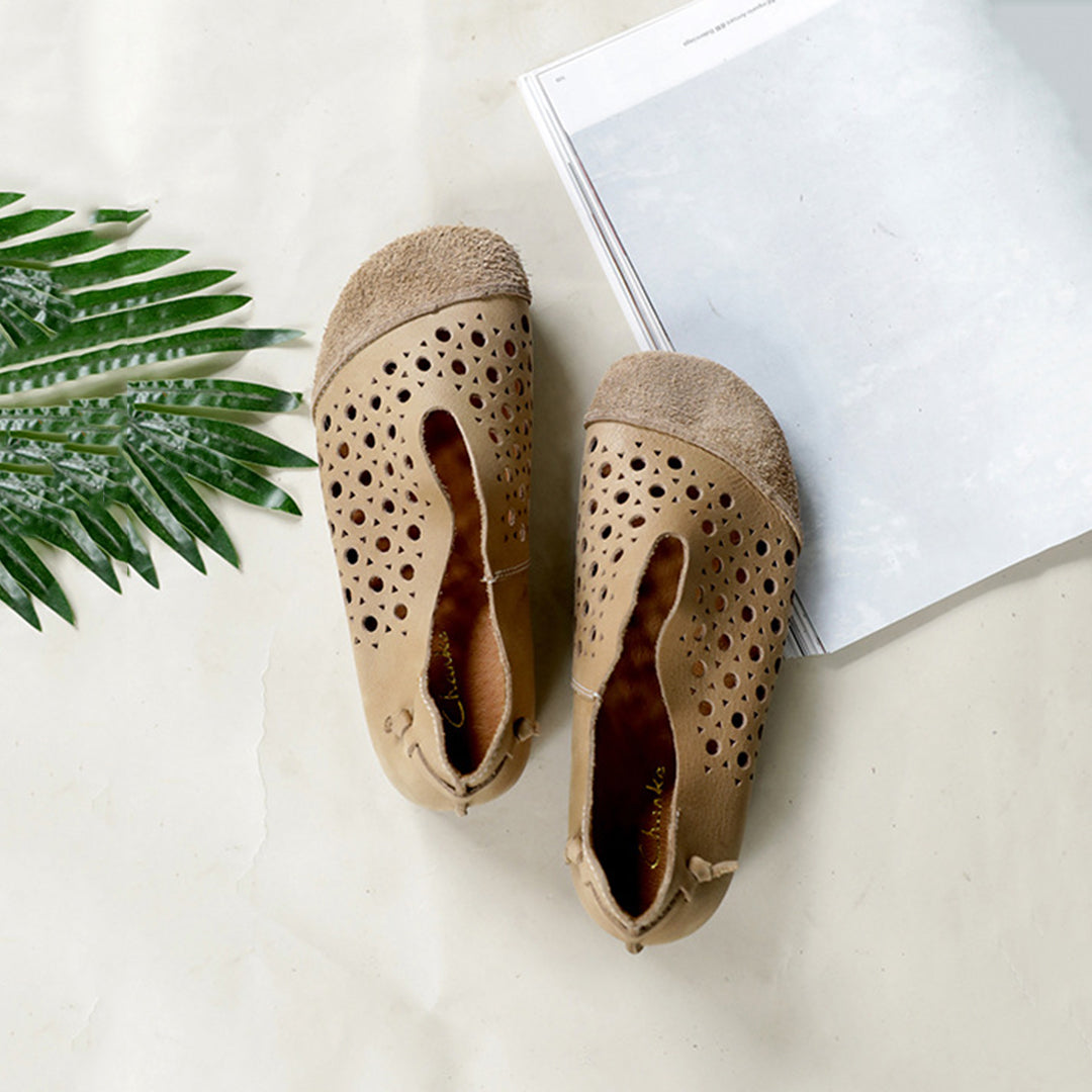 Leather Stitching Hollow Retro Flats Shoes