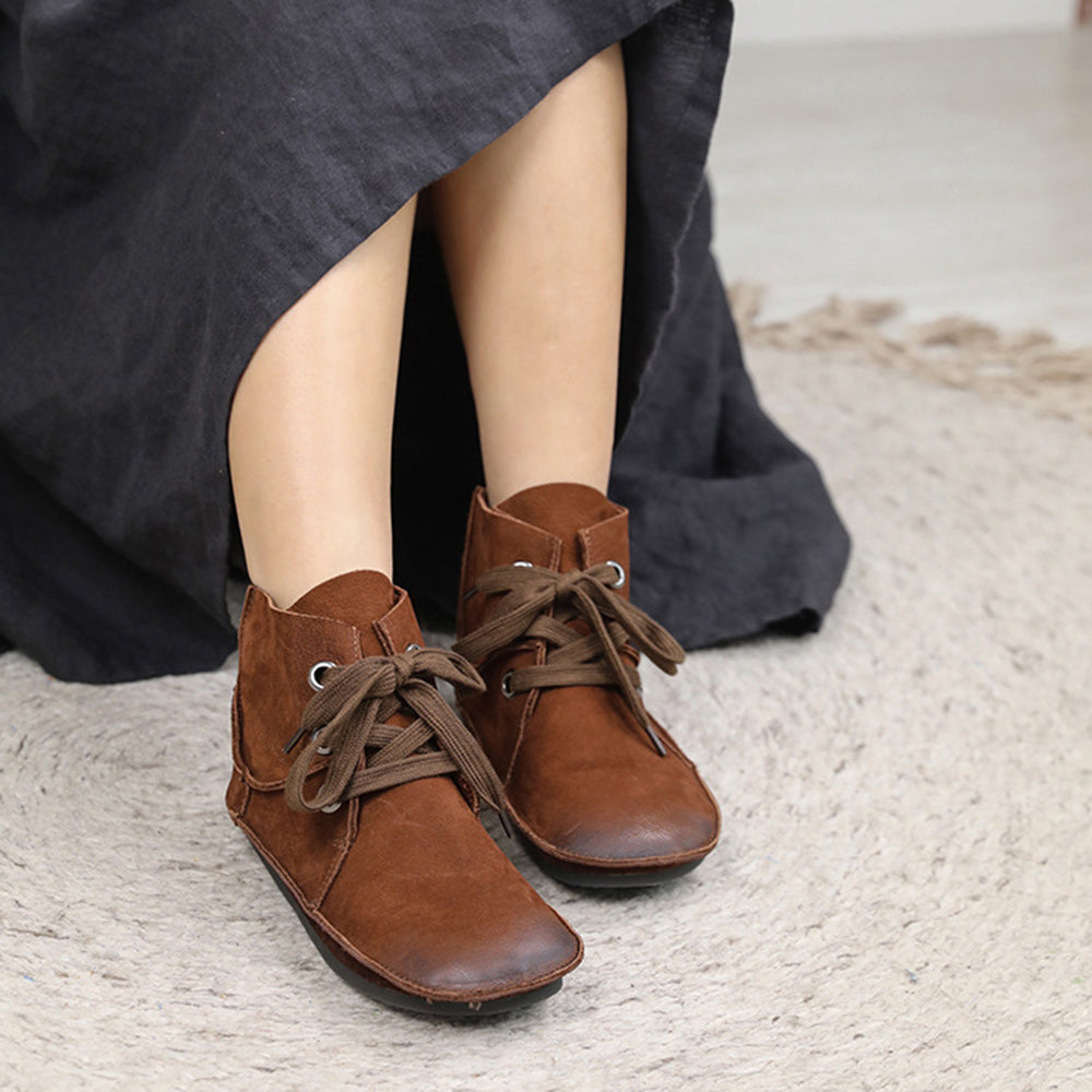 Leather Stitching Lace Up Retro Women Boots