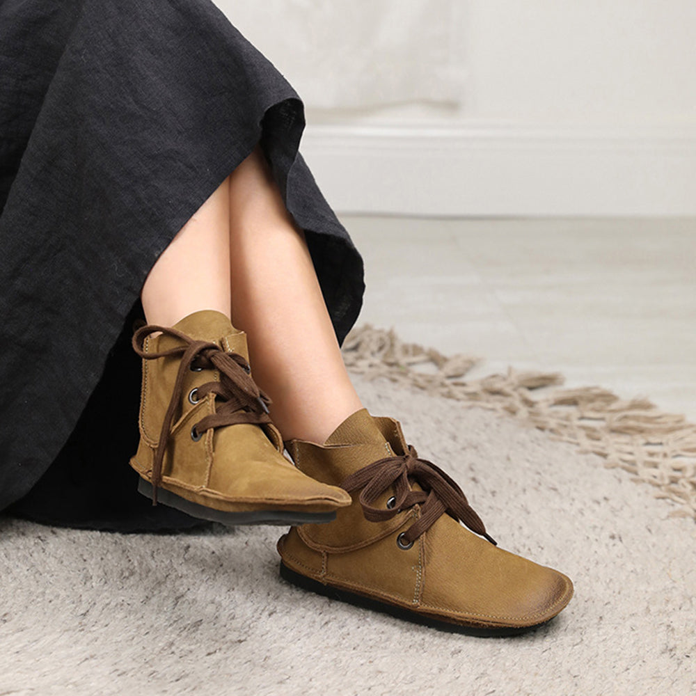 Leather Stitching Lace Up Retro Women Boots