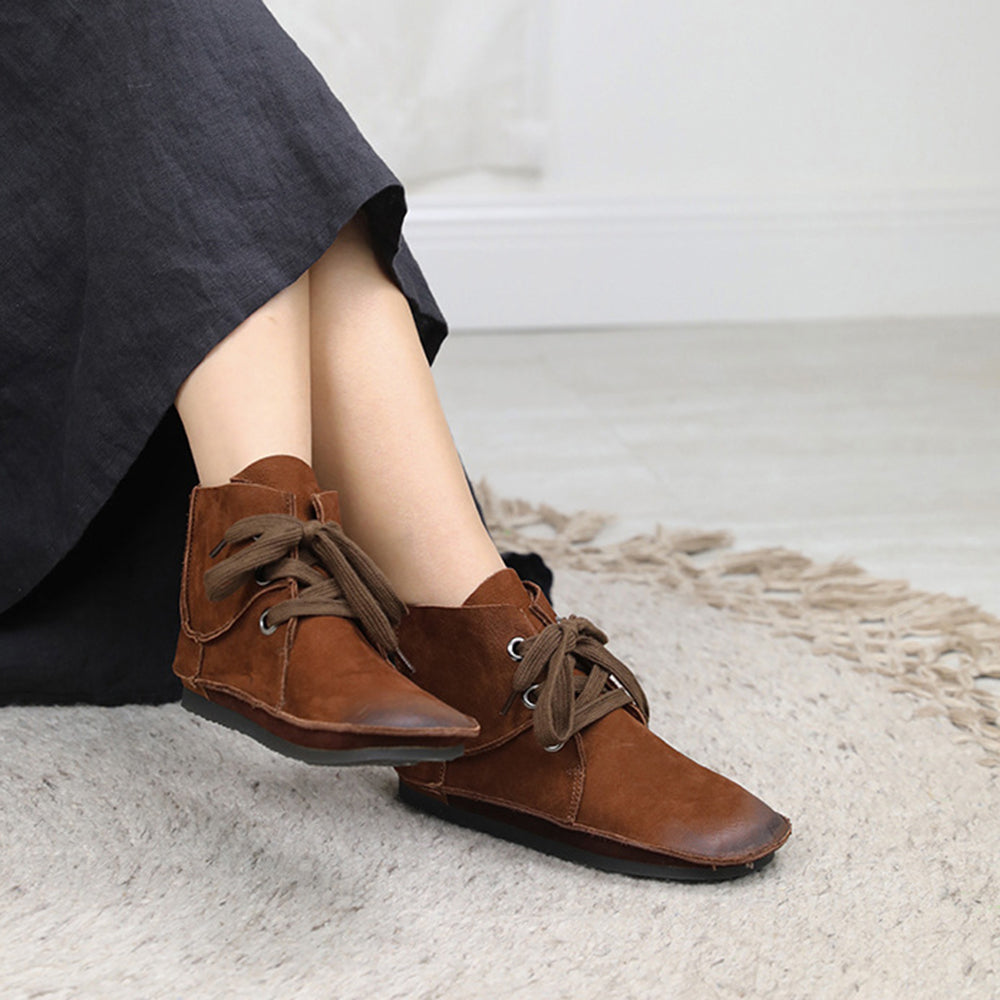 Leather Stitching Lace Up Retro Women Boots