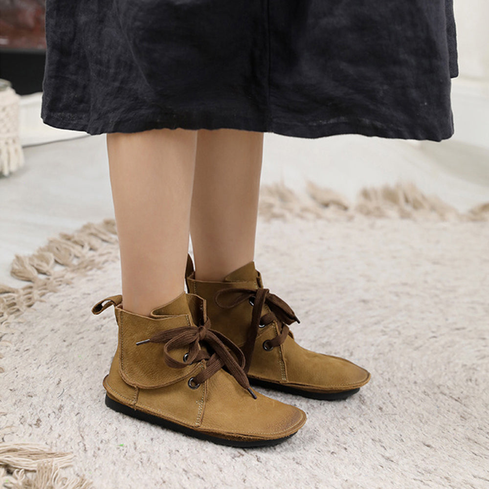 Leather Stitching Lace Up Retro Women Boots