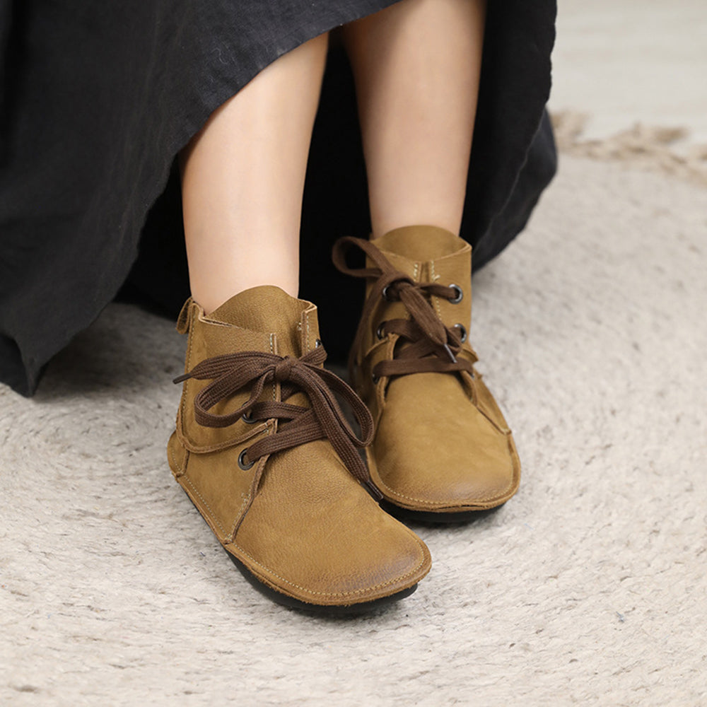 Leather Stitching Lace Up Retro Women Boots